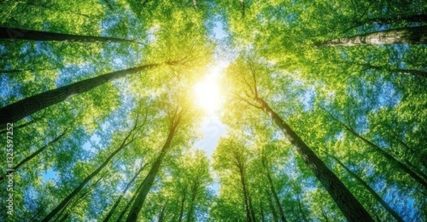 Fototapeta Looking Up at Tall Green Trees with Sunlight Streaming Through Canopy
