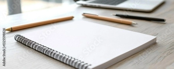 Fototapeta A minimalist workspace featuring a blank notebook, pens, and a laptop, ideal for creativity and productivity.
