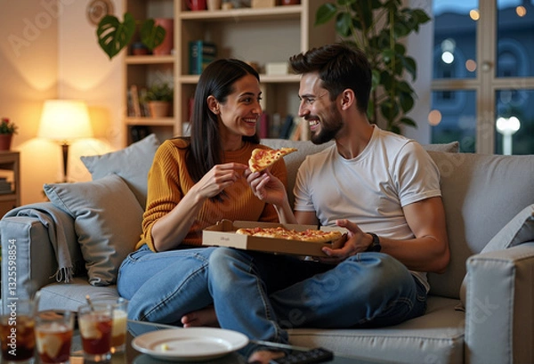 Fototapeta A happy couple enjoys pizza on a cozy sofa in the warm lighting of the house
