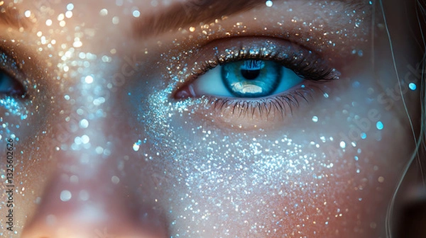 Obraz Close-up of a woman's eye with blue iris, long eyelashes, and detailed pupil, showcasing beauty and vision