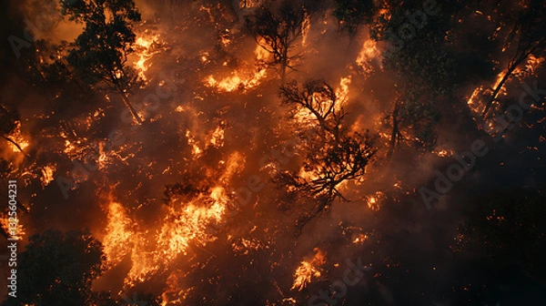 Obraz Fiery blaze in the forest with flames, smoke, and vibrant colors of red, orange, and yellow, creating an intense burning scene at night