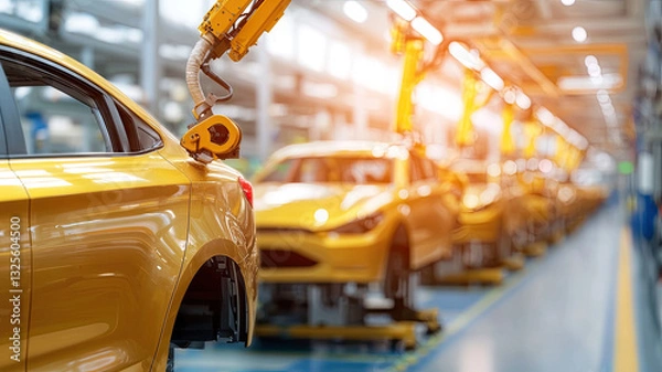 Obraz Robotic arms assembling yellow cars in modern automobile factory