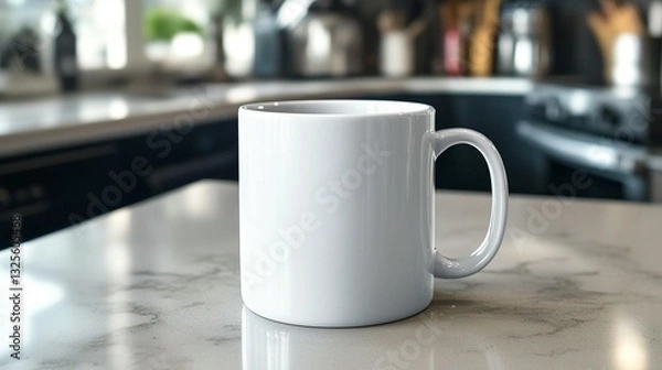 Obraz A plain white coffee mug sits on a marble kitchen counter.