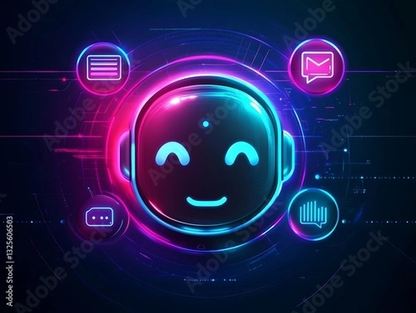 Fototapeta Futuristic chatbot marketing icon with AI chat bubbles and a glowing digital assistant face