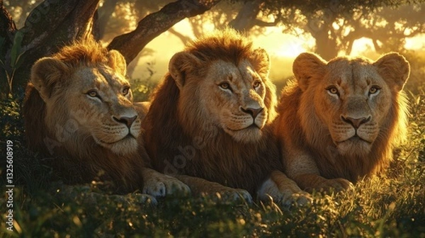 Fototapeta a pride of three lions basking in the golden sunlight, embodying strength and majesty. They lie peacefully under the shade of trees