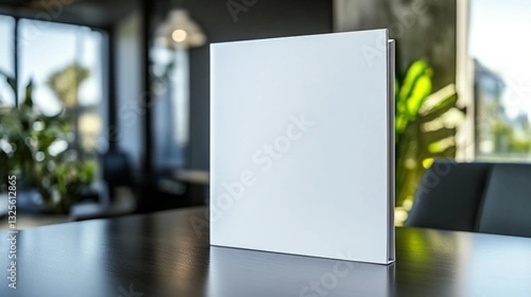Fototapeta Blank white square book mockup on dark wooden table in modern cafe setting.