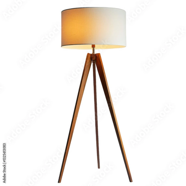 Fototapeta stylish wooden tripod floor lamp with white fabric shade, perfect for modern interiors. warm light creates cozy atmosphere, ideal for living rooms or bedrooms