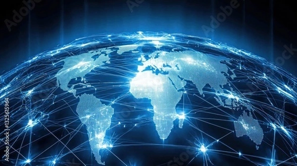 Fototapeta A digital depiction of global interconnected networks and information flow