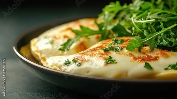 Fototapeta Delicious and Creamy Cheese Omelette Served with Fresh Green Arugula Garnish on a Dark Plate in a Culinary Presentation