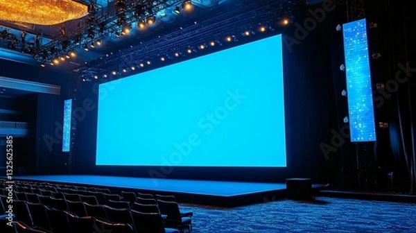 Fototapeta Empty conference hall with large blue screen.