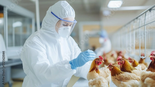 Fototapeta Poultry Health Assessment: A scientist in protective gear conducts health checkups on chickens, focusing on poultry health, with a controlled environment backdrop.