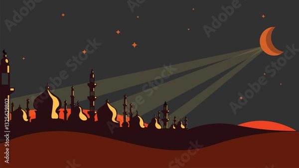 Obraz Mosque silhouette illustration with crescent moon above buildings, stars and light rays on a gray night sky with dunes