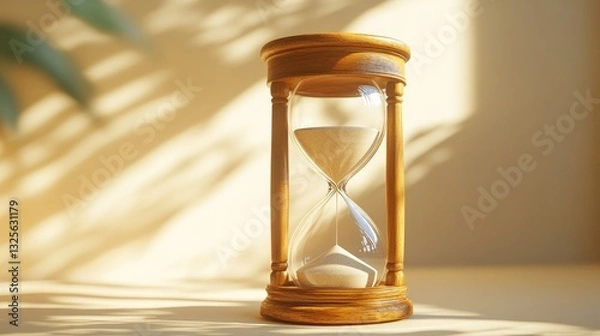 Fototapeta An unfilled hourglass, sitting on a smooth, neutral surface, soft light reflecting off the glass with no sand inside