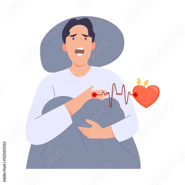 Fototapeta Man touching pulse for chest stress with a disorder heart, patient risk disease cardiac. problem cardiology sudden. symptom panic. Flat vector illustration.