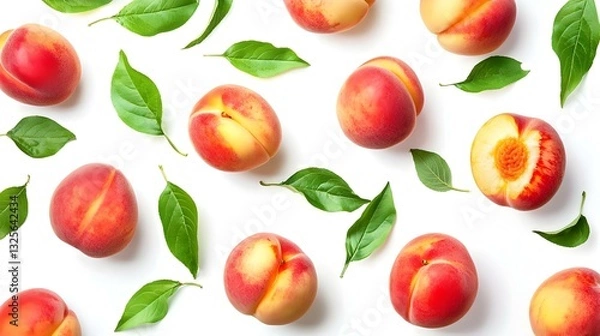 Fototapeta Peaches and Leaves Isolated on White Background