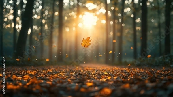 Fototapeta A single leaf drifts in a tranquil forest bathed in soft sunlight, embodying peace and natural harmony