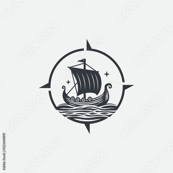 Fototapeta Viking ship with a compass for adventure, exploration, and navigation logo design