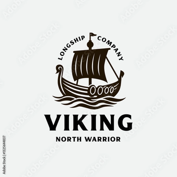 Fototapeta Vintage Drakkar Viking transport ship.Ancient Nordic Longship ocean wave logo design