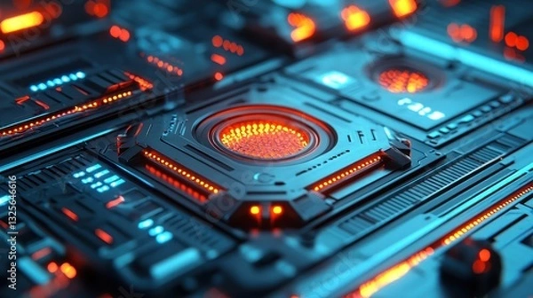 Fototapeta An abstract glowing futuristic circuit board featuring technological components brightly