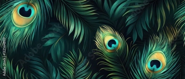 Fototapeta Opulent peacock feather motifs, vintageinspired repeating vector pattern with modern allure