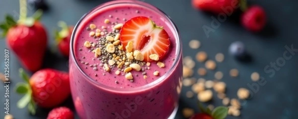 Obraz Close up of a refreshing berry nut smoothie with chia seeds and granola toppings, granola, chia seeds