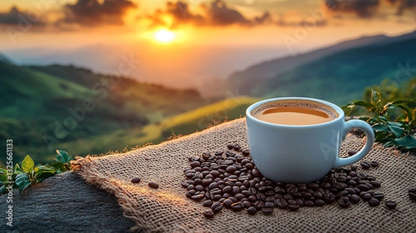 Fototapeta steaming cup of coffee sits on burlap cloth surrounded by coffee beans, with breathtaking sunrise over lush green hills in background