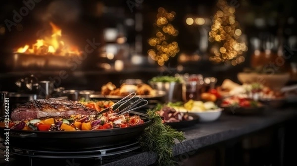 Fototapeta Elaborate and Visually Stunning Christmas Dinner Buffet with Lavish Table Presentation Gourmet Dishes and Festive Decor at a Luxurious Holiday or Catered Event