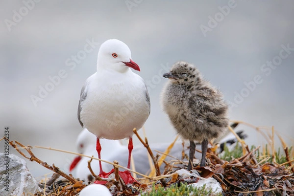 Fototapeta Red-billed gull with small chick