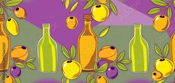 Fototapeta Abstract olive oil bottle and fruit geometric seamless pattern in modern line art style,  delicious, template