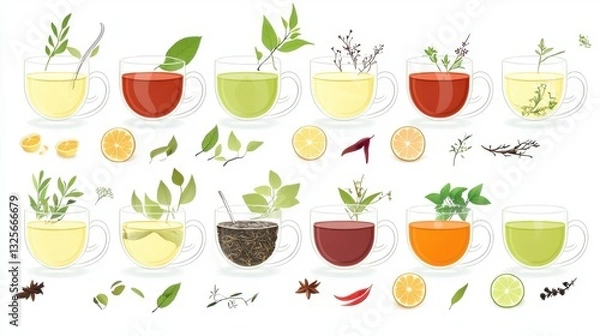 Fototapeta Variety of herbal teas and infusions served in different cups and mugs surrounded by fresh botanicals such as leaves flowers and citrus slices
