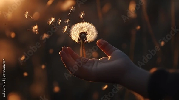 Obraz Child's hand holding dandelion, seeds blowing, sunset field