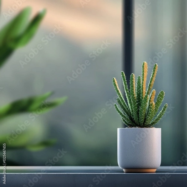 Fototapeta Elegant Green Cactus Plant in Minimalist White Pot Against Bright Natural Background