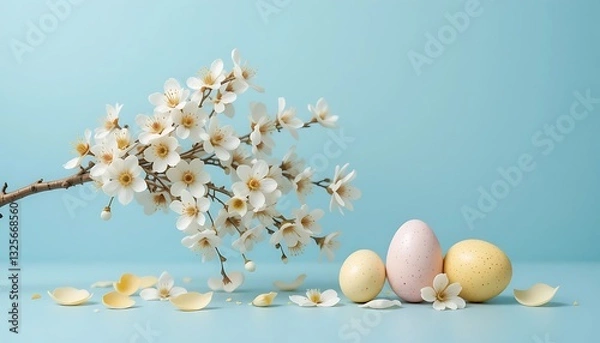 Fototapeta "Elegant Spring Arrangement with Cherry Blossoms and Pastel Easter Eggs on Light Blue Background"