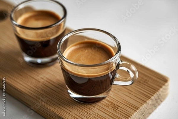 Fototapeta a closeup detail view of two espresso shot glasses filled with coffee