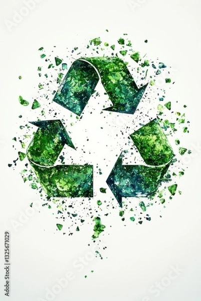 Fototapeta Green sustainability symbol created from shattered glass fragments on a white background
