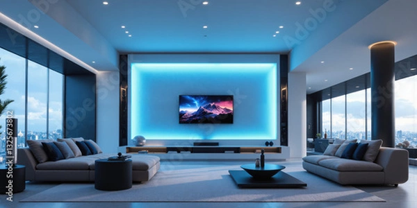 Fototapeta Futuristic living room in ultramarine blue, with AI-powered entertainment systems that suggest movies and music based on mood and preferences