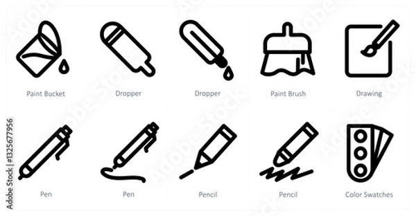 Fototapeta A set of 10 micro icons as paint bucket, dropper, drawing