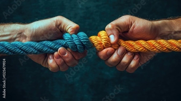 Fototapeta Two pairs of hands pulling on opposite ends of a rope