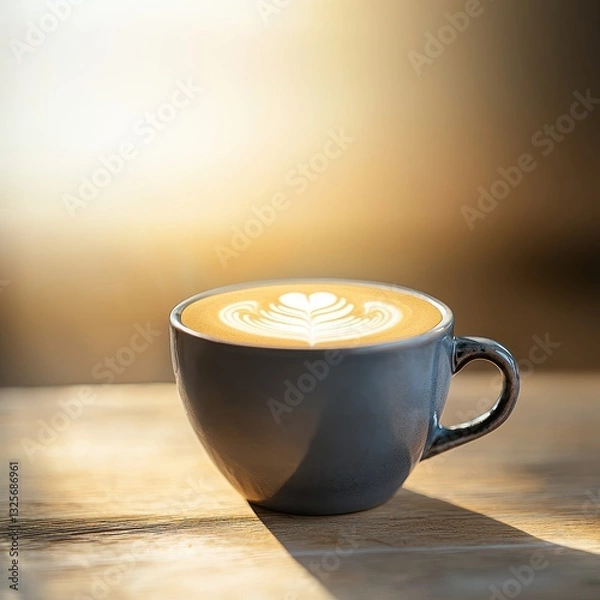 Fototapeta Vintage cup of latte on table with nostalgic vibe enhanced by sunlight streaming through window creating warm atmosphere
