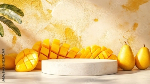 Fototapeta Yellow fruit arrangement with a pedestal and a textured background