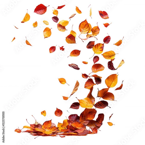 Fototapeta A floating swirl of multicolored autumn leaves isolated on white background.PNG