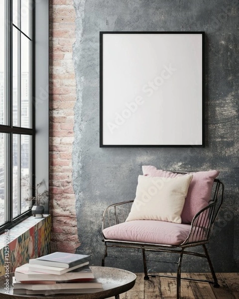 Obraz Empty square frame mockup in a modern industrial interior with a pink chair and books.