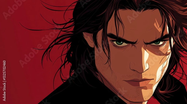 Fototapeta a digital illustration of a striking man with shoulder-length dark auburn hair and piercing emerald eyes, his face partially in shadow, adding an air of mystery