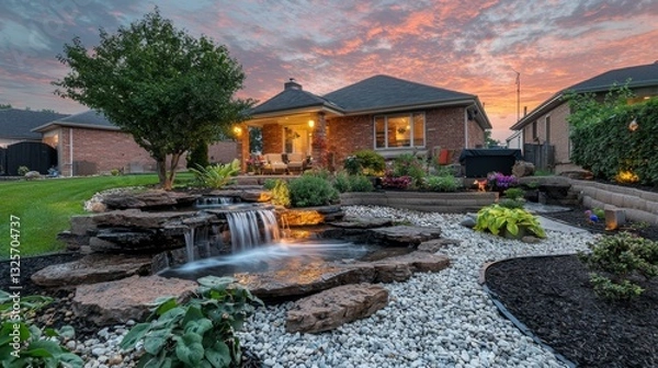 Fototapeta A charming suburban home with a front yard waterfall fountain, neatly arranged plants, and a cozy seating area. --chaos 20 --ar 16:9 --quality 2 --v 6.1 Job ID: bd5e9cd0-911b-4240-bb03-bdf96f104441