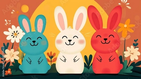 Obraz Three adorable smiling bunnies with flowers and a background glow