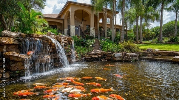 Fototapeta A front yard paradise with a waterfall cascading into a pond filled with bright orange koi fish. --chaos 20 --ar 16:9 --quality 2 --v 6.1 Job ID: 259e407f-4e55-4253-9f5f-5f7d888a2f11