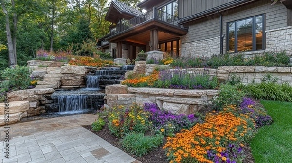 Fototapeta A grand entrance with a stone-paved pathway, a tiered waterfall, and neatly arranged flower beds. --chaos 20 --ar 16:9 --quality 2 --v 6.1 Job ID: 4d1f2eb3-e8eb-4973-a745-b36ede7f643c