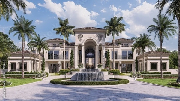 Fototapeta A grand estate entrance with a luxurious tiered waterfall, elegant landscaping, and floral accents. --chaos 20 --ar 16:9 --quality 2 --v 6.1 Job ID: a0c22e9a-40c7-4a8b-ac5a-ad8300bc0f21