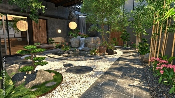 Fototapeta A Japanese-inspired garden with a bamboo waterfall, bonsai trees, and a peaceful rock arrangement. --chaos 20 --ar 16:9 --quality 2 --v 6.1 Job ID: d3aea6d4-04ea-4d88-a93d-a0f31f59ecbd