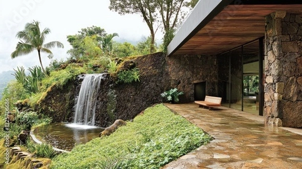 Fototapeta A lush green oasis at the front of a house with a natural stone waterfall and a relaxing bench. --chaos 20 --ar 16:9 --quality 2 --v 6.1 Job ID: 26ce2b6d-81e1-4b9d-b38a-1e84c70a4251